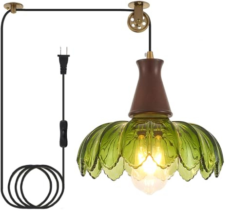 YLONG-ZS Vintage Plug in Pendant Light, Boho Hanging Lamp Plug in Pulley Green Glass Pendant Lamp, Modern Walnut Color Wood Hanging Light for Kitchen Island, Bedroom, Dining Room, Living Room