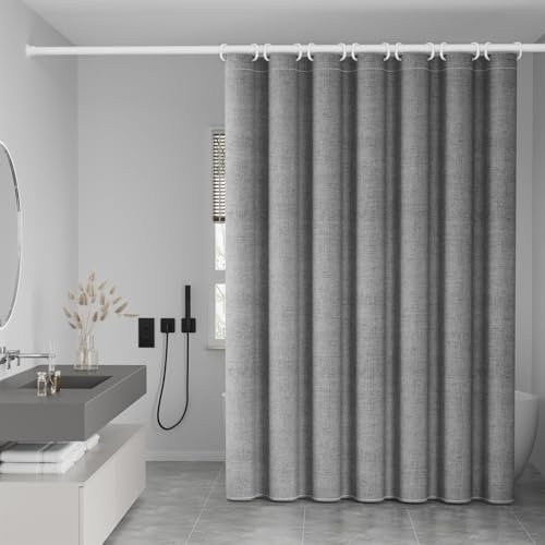 Duschvorhang Wasserdicht Leinen Struktur Duschvorhang Antischimmel Waschbar Stoff Badvorhang für Kleine Badewanne und Eckdusche Grau 150x200cm