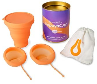 PapayaCup Reusable Menstrual Disc 2 Sizes (S+L) with Steriliser - Textured Stem for Easy Removal - Leak Proof - No Sucking - Ideal Low Pelvic Floor - Flat Menstrual Cup