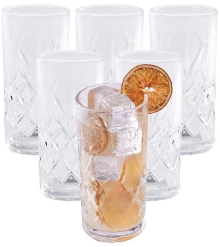 MAGNA RETAIL Crystallised Drinking Glasses Set of 6 | 365ml Tall Highball Hi Ball Tumblers | Crystal Glasses | Glassware Tumblers | for Water, Cocktails & Soft Drinks