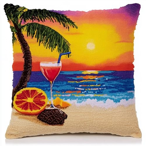 XDEGHUANGSS Kit Point Noué Á Faire Coussin Broderie Debutant DIY Cocktail Sunset Beach Latch Hook Kit Complet Decoration Maison Manuelle Loisir Créatif 43x43cm Kit de crochet de coussin imprimé