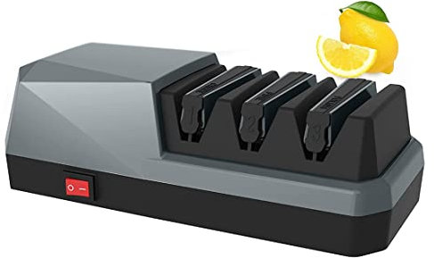 Fozriybefy Afilador de Cuchillos EléCtrico - Afilador de Cuchillos, Afilador de Cuchillos EléCtrico de 3 Etapas, 3 Etapas, Enchufe Gris de la UE