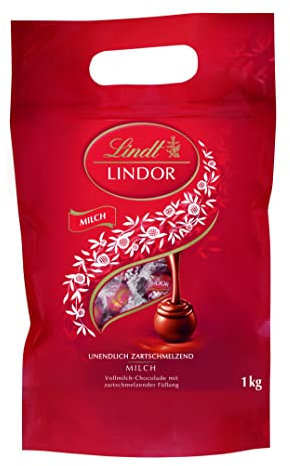 Lindt LINDOR Schokoladen Kugeln Vollmilch | 1 kg Beutel, wiederverschließbar | 78 Schokoladen Kugeln | Milch-Schokolade mit zartschmelzender Füllung | Großpackung | Pralinen-Geschenk