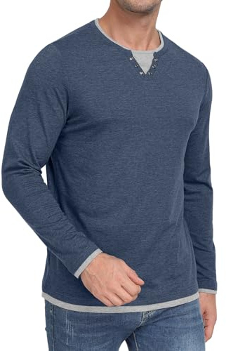 Hisir Maglietta da uomo Henley in cotone, a maniche lunghe, vestibilità normale, a strati, design casual, per autunno e inverno, Blu mare, L
