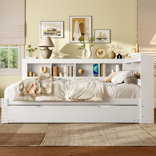 Arhatreya Schlafsofa 140x200 cm, L-Form Sofabett mit Ausziehbett, Tagesbett mit Steckdose und 2 USB-Anschlüssen, Bett für Wohnung Schlafzimmer (Ohne Matratze) Spanplatte Weiß