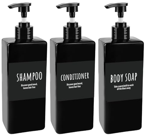 Flaconi per shampoo da riempire 500ml - Set di 3 flaconi con pompa, dispenser per shampoo ricaricabili, dispenser in plastica per gel doccia e detersivo, con etichette per doccia e cucina, nero