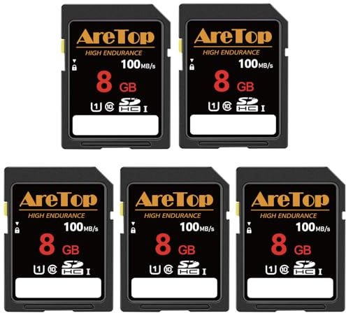 AreTop Tarjeta SD de 8 GB, paquete de 5 tarjetas de memoria SDHC UHS-I Clase 10, paquete de 5 tarjetas digitales seguras de video Full HD de 8 GB para cámaras, DSLR, cámaras de acción y cámara de