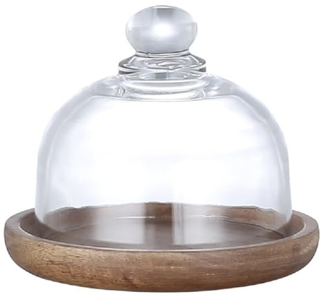 MAGICVOGEL Glas Kuchenglocke Mini Tortenplatte Kristallglas Käseglocke mit Holzteller Zitronenglocke Party Tortenständer für Kuchen Cupcakes Desserts Keks Obst (8cm)