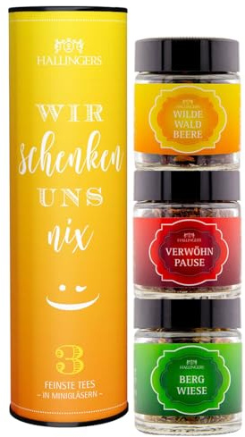 Hallingers Genuss Manufaktur Tee Geschenk-Set - 3 Sorten premium loser Tee in Gläsern, Probierset in edler Geschenk-Dose Wir schenken un... vegane Tees, Geschenkidee für Frauen Männer