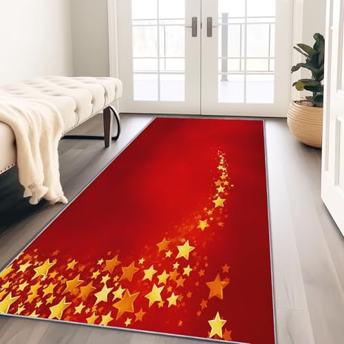 Generisch Teppich Läufer Flur 40 x 120 cm, Langer Weihnachten Sterne Teppich Küche Waschbar rutschfest, Rot Flauschig Küchenläufer für Flur Korridor Schlafzimmer Wohnzimmer Eingang