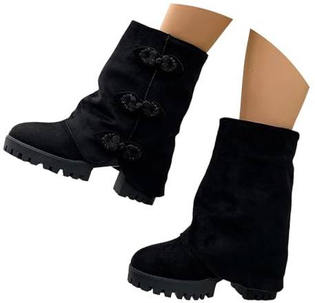 Bottes à tige large pour femme - Bottes d'hiver pour femme - Vintage - Talon compensé - Bottes à enfiler - Bottines rondes confortables - Bottes de cowboy - Couleur unie, Noir , 42 EU