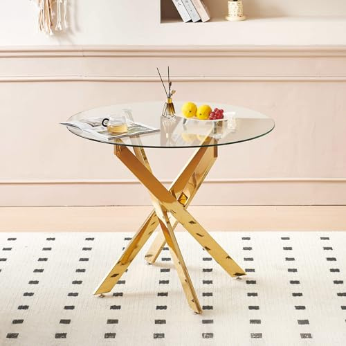 kozamas Mesa de comedor redonda de cristal templado de 80 cm – Mesa de cocina moderna con sacros dorados – Mesa de comedor para 2 – 4 personas, color dorado