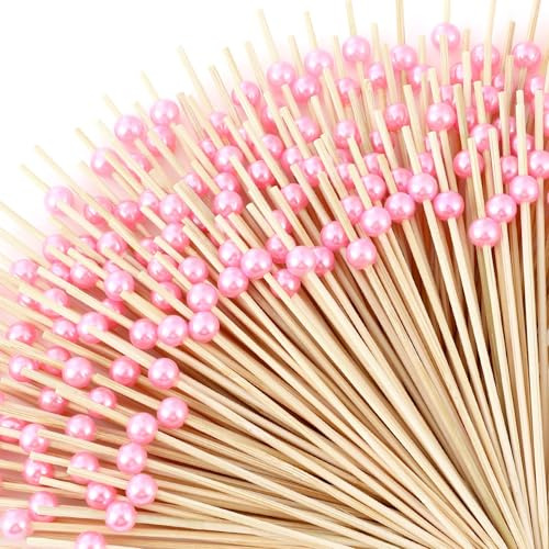 IHLOOTD 200 Piezas Palillos Madera Coctel con Perlas, Accesorios de Decoración para Cócteles, Palillos Aperitivo Decorativos 12 cm para Boda Cumpleaños Fiesta Carnaval (Rosa)