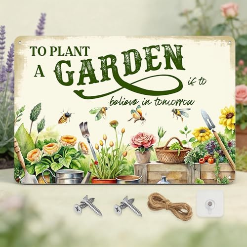 Vintage Watercolor Garden Wall Art Outdoor - Rustproof Tin Metal Hanging Sign with Inspirational Quote, Garden Gift for Women, 20x30cm