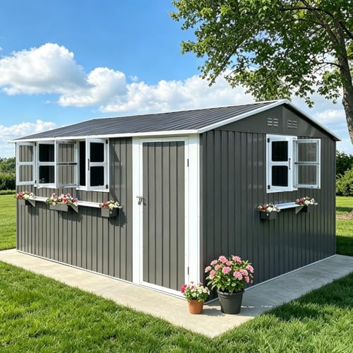 Gartenhaus in acciaio zincato 10,21 m², 3 finestre apribili, porte doppie con serratura e mensole per fiori, capanno per attrezzi esterno impermeabile e resistente alle intemperie. Colore: grigio