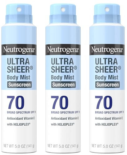 Neutrogena Ultra Sheer Body Mist Sunscreen Spray Broad Spectrum SPF 70, Lightweight, Non-Greasy & Water Resistant, Oil-Free & Non-Comedogenic UVA/UVB Sunscreen Mist, 5 oz (Pack of 3)