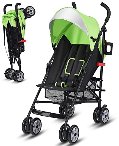 BABY JOY Lightweight & Compact Travel Stroller, Infant to Toddler, Adjustable Backrest & Canopy, Cup Holder, Storage Basket, 5-Point Harness, Easy Fold, Green