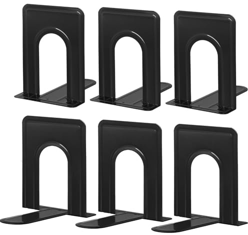 HappyHapi Bookends, Metal Bookend for Shelves, Non-Skid Book End to Hold Books, Black Book Stopper/Holder for Office Home Kitchen, 5.7X 4.9 X 6.5 in, 3 Pair(6 Pcs, Large)