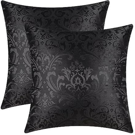 CaliTime Kissenbezüge Kissenhülle Packung mit 2 Wurfkissenbezügen Cases Vintage Damast Floral Glänzend & Matt Kontrast 45cm x 45 cm Black
