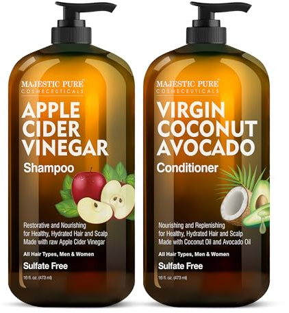MAJESTIC PURE Apple Cider Vinegar Shampoo and Avocado Coconut Conditioner Set - Restores Shine & Reduces Itchy Scalp, Dandruff & Frizz - Sulfate Free, for All Hair Types, Men and Women - 2 x 473 ml