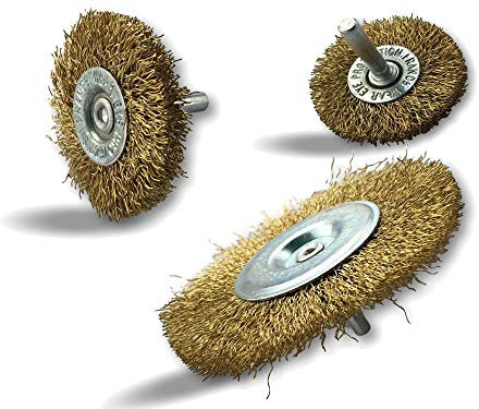 Assortiment de 3 brosses rotatives circulaires métalliques Ø 50-75-100 mm | Sur tige Ø 6 mm | Brins laiton Ø 0,30 mm dur | Pour perceuse ou visseuse à mandrin | Kibros 26xxLT8x3div