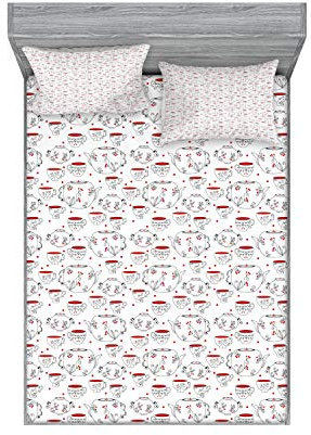 Ambesonne Tea Party Fitted Sheet & Pillow Sham Set, Doodle Style Crockery Illustration of Floral Patterned Kettles and Cups, Decorative Printed 3 Piece Bedding Decor Set, Full, Red Black White