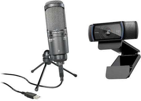 Audio-Technica 2020USB+ Cardioid Condenser Microphone (USB connection) Grey & Logitech C920 HD Pro Webcam, Streaming, Full HD 1080p/30fps Video Calling, Clear Stereo Audio