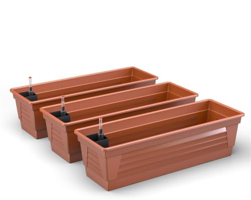Plastard Blumenkasten 3er-Set 60 cm Terrakotta - mit Bewässerungssystem | BPA-Frei - Witterungs- UV- & frostbeständig Pflanzkübel für Balkon, Garten & Terrasse Pflanzkasten mit Wasserstandsanzeiger