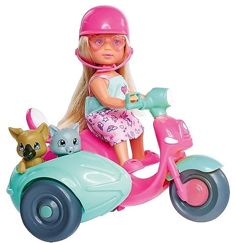 Simba 105733566 - Evi Love Scooter Friends, Spielpuppe auf Roller-Tour, mit Hund und Katze im Beiwagen, mit Helm und Sonnenbrille, 12cm Puppe, ab 3 Jahren