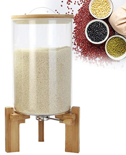 JTYDFG Glass Rice Dispenser with Wooden Base, Food Storage Containers with Lids Airtight and Measuring Cup Large Capacity 5L/8L, Kitchen Organization Accessories for Storage Cereal Rice Bean Oatmeal