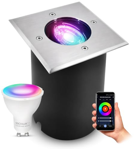 SSC-LUXon JUAVI LED Bodenstrahler schwenkbar eckig - mit GU10 Smart WiFi RGBW - Boden Einbauleuchte kompatibel mit Alexa, Siri & Google