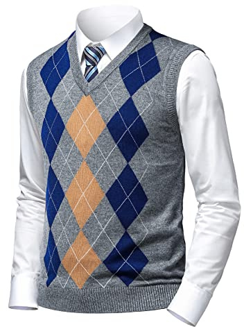 Herothorn Suéter Chaleco V-Cuello para Hombre Patrón de Diamante Jersey de Cárdigan Lana sin Mangas Cuadros Chaqueta De Punto Jerséis de Invierno Otoño