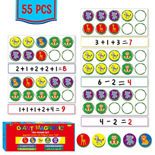 Magnetic Ten-Frame Set Magnetisches Zehnerrahmen-Set, 5 Rahmen & 55 bunte Zähler Zehn-Rahmen-Mathe-Spiele Dschungel-Thema Mathe-Manipulations-Zählspielzeug für Kindergarten Vorschule,5 Farben