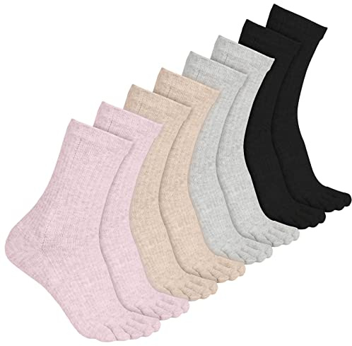 Bencailor 4 par kvinnor fem tåstrumpor bomull tå strumpor atletisk löpning lång öppen tå kvinnors bomull crew ankelstrumpor, Svart, beige, rosa, grå, one size