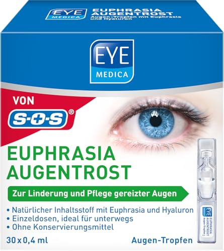 EyeMedica Euphrasia Augentropfen gegen trockene Augen und gereizte Augen, Befeuchtung, Linderung und Pflege, mit Hyaluron, 30 x 0,4 ml Einzeldosen