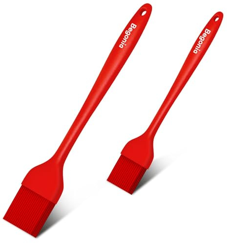 Begonia Silicone Basting Pastry Brush-2pcs Heat Resistant Cooking Brush for Oil, Sauce, Butter, BBQ, Grill and Marinade, BPA Free, Dishwasher Safe （Red）