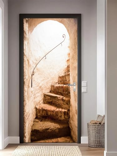 artfanke 3D Door Sticker Peel and Stick 30.3x78.7-Self-Adhesive Door Murals Poster Wall Decals Wallpaper Old Staircase for Home Decor (2 Sheets/Set)