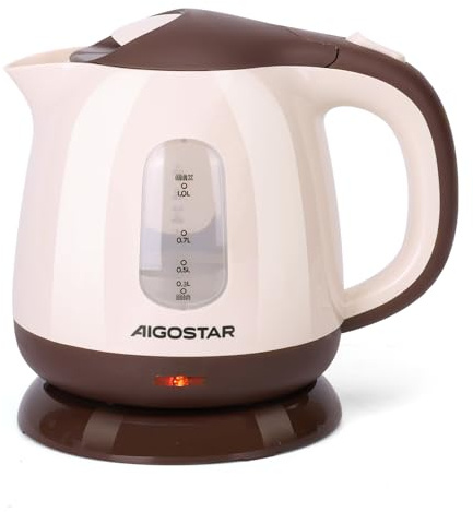 Aigostar 1.0L Portable Travel Electric Kettle, 1100W Low Wattage | Lightweight & Cordless, Ideal For Bedroom, Camping, And Office, Easy To Carry, Beige & Brown, Romeo