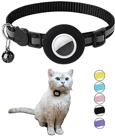 Hepplly Reflektierende Airtag Katzenhalsband mit Glocke und Airtag Halter, kompatibel mit Airtag, Katzenhalsband mit zerbrechlicher Sicherheitsschnalle für Kätzchen, Katze(Schwarz)