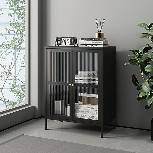 [en.casa] Kommode Säkylä Sideboard Schrank Mehrzweckschrank mit Glastüren geriffelt 84 x 64 x 35 cm Vitrinenschrank Wohnzimmer Metallschrank Schwarz
