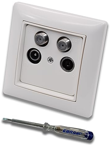 Busch Jäger SET: Unterputz 4-Loch Dose 40-2400 MHz, Enddose Stichdose für Radio, TV, SAT1 & SAT2. Inkl. BalanceSi alpinweiß 1fach Rahmen, Abdeckung + EBROM Phasenprüfer zur Montage des Geräts