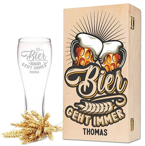 Leonardo Weizenglas mit Gravur - Bier geht immer - Personalisiert mit Namen inkl. Holzkiste - Witziges Geschenk für Bierkenner - Geschenkidee für Männer - Geschenke für Papa zum Vatertag - 500 ml