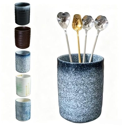 TOPYOKK Porte-cuillère à café pour bar à café, support pour cuillère à thé, porte-couverts en céramique, support d'argenterie, porte-ustensiles, touillettes à café (bleu pierre)