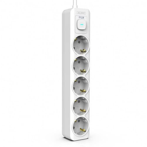 Steckdosenleiste Überspannungsschutz 5-Fach – inca IPW-44GB Mehrfachsteckdose mit LED-Schalter, Kindersicherung, 3680W, 16A, 230V, feuerfest, 1,5m Kabel, Weiß – für Haushalt & Büro
