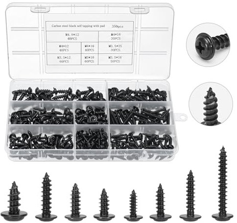 MumdoYAL 350 pièces vis autoperforante，vis autoforeuse métal，vis noir，vis bois ，tête cruciforme，fabriqué en acier au carbone，Les dimensions comprennent M3, M3.5, M4, M4.8