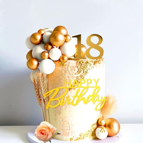 JeVenis White Gold Happy 18th Birthday Cake Decoration 18th Birthday Cake Topper Golden Balls Cake Decorations
