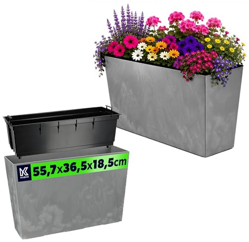 KADAX Blomlåda av plast, 18,5 x 55,7 cm, 5 färger, blomkruka med bevattningsband, balkonglåda med insats, växtlåda för utomhusbruk, blomkula (grå, rektangulärt betongmönster)