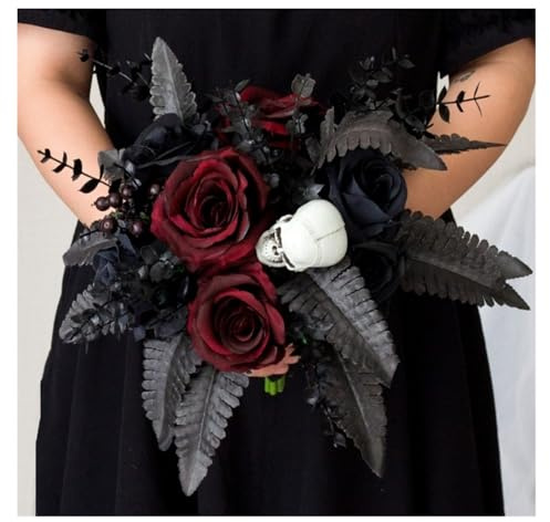 Scary Halloween Silk Black Rose with Skull Decoration Hand Bouquet, Realistic Artificial Red Rose with Skull, Bridal Bouquet Wedding Family Birthday Party Set Garden Black Wedding Decoration(Black1)