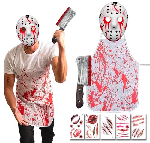Yi'antai Costume de Boucher Halloween, Tueur en Série Deguisement, Masque de Tueur, Deguisement Halloween Homme, Homme Horreur Tueur, Tablier Ensanglanté, Temporary Tattoo Sheets