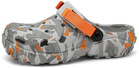 SECHRITE Mens Athletic Sports Clogs Garden Shoes Rubber EVA Mules Slip on Waterproof Summer Water Beach Clogs Slippers Sandals Breathable Graphic Garden Shoes with Adjustable Back Strap Grey Orange 40